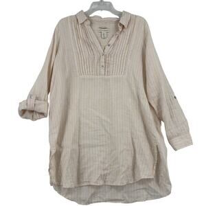 Cynthia Rowley Linen Tunic Blouse Size M Cream Yellow Stripe Pleated Roll Tab